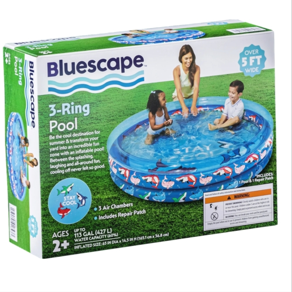 🆕 SHARK 3 Ring Inflatable Pool Bluescape Sharks Stay Cool Summer Age 2+ NEW NIB